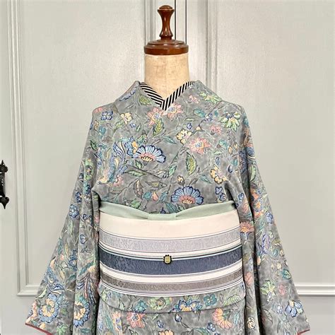 long＊gray botanical＊花 鳥 縮緬 ちりめん モリス ボタニカル グレー 小紋着物 A614 | kimono tento