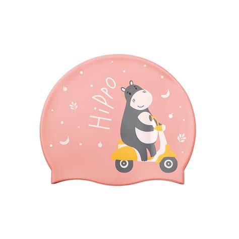 Silicone Kids Swimming Cap, Rider Hippo print, Peach - Little Surprise Box