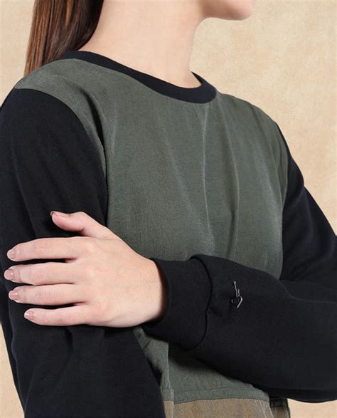 Rareism Women Melone Dark Olive Cotton Blend Fabric Full Sleeve Crew N