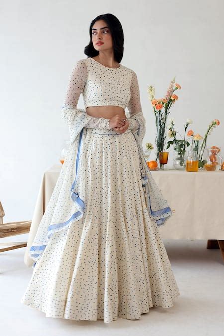 Buy Off White Rayon Embroidery, Foil Printing Petal Polka Dot Lehenga ...