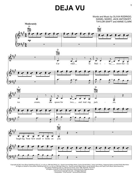 deja vu by Olivia Rodrigo Sheet Music for Piano, Vocal & Guitar Chords ...