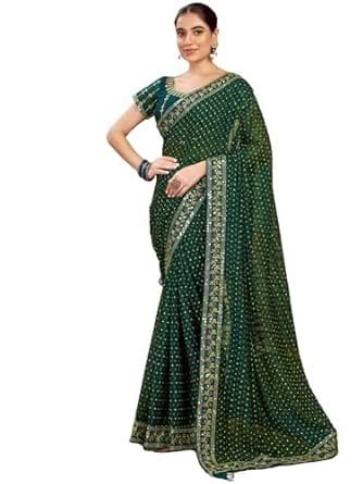 Buy Satrani Women's Chiffon Sequin Embroidery Lace & Bandhani Printed ...