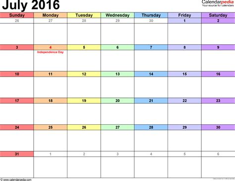 July 2016 Calendar | Templates for PDF, Excel and Word