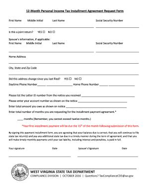 Fillable Online 12-Month Personal Income Tax Installment Agreement ...