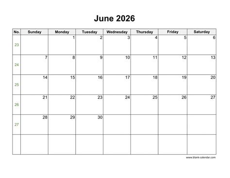 June 2026 Blank Calendar