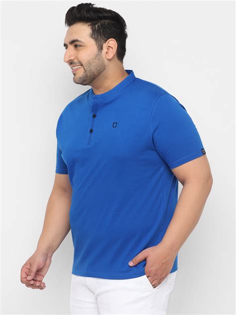 Plus Men's Royal Blue Solid Mandarin Collar Regular Fit Cotton T-Shirt ...