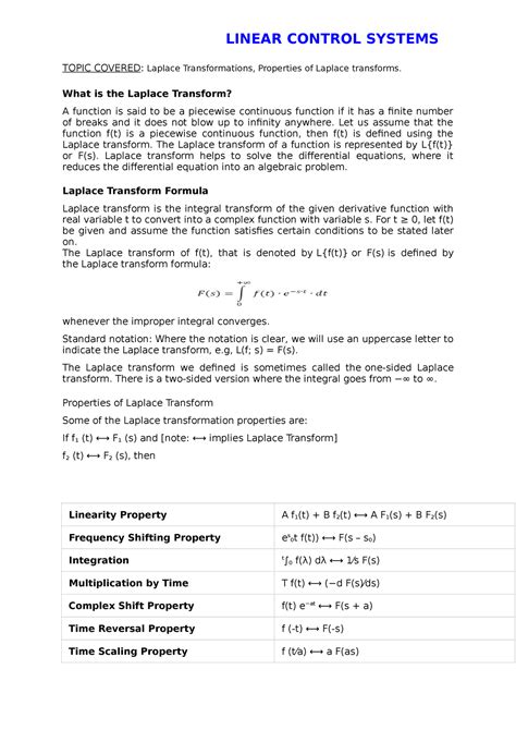 Laplace Transformations, Properties of Laplace transforms - What is the ...