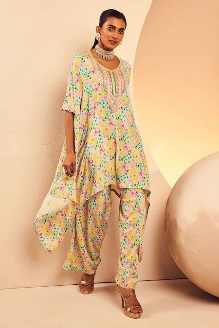 Buy Blue Crepe Embroidery Round Neck Poncho Tunic And Dhoti Salwar Set ...