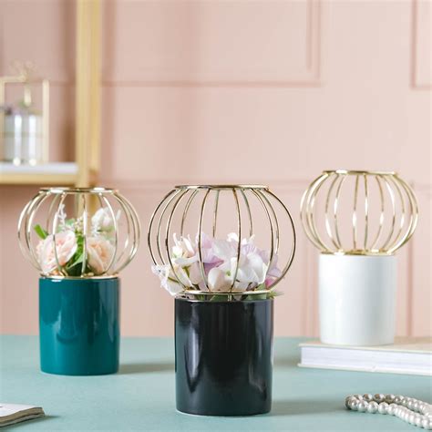 Metal Flower Vase - Ceramic Flower Vase In Metal Strings | Nestasia
