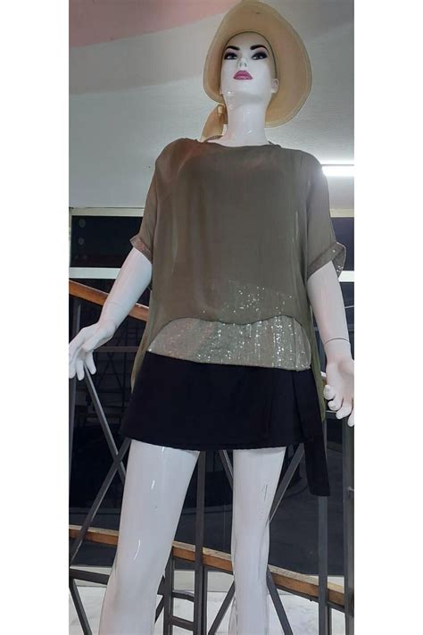 Khaki Italian Batwing Sleeve Sequined Silk Blouse - Bohem Stil | ElbiseBul