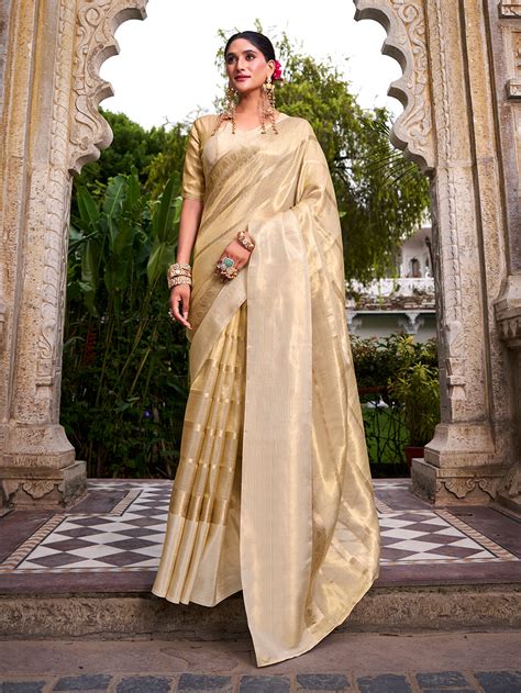 Off White Color Zari Weaving Work Gold Tissue Saree – Yana Fab