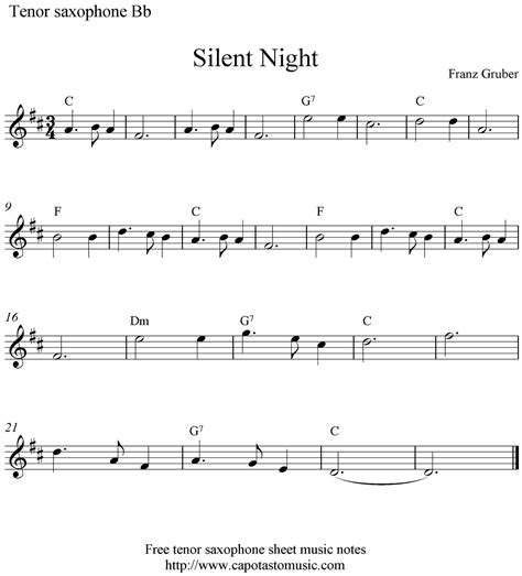 Silent Night, free Christmas tenor saxophone sheet music notes