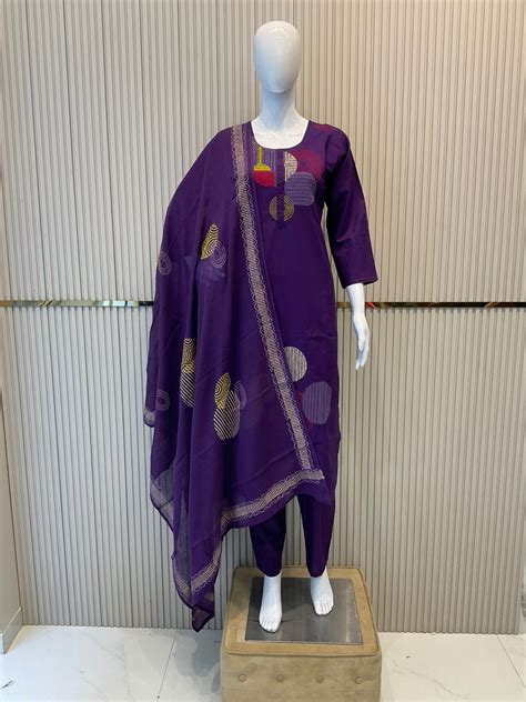 Pure Cotton Thread Work 3 Pc Suit Purple Color – G