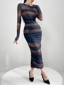 Modelyn Women Fashion Color Block Tight-Fitting Long Sleeve Dress Long ...