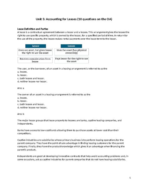 D105 - Unit 5 Accounting for Leases Study Guide and Notes - Studocu