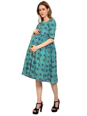 Blue Fit and Flare Cotton Maternity and Feeding Dress - Moms Ever