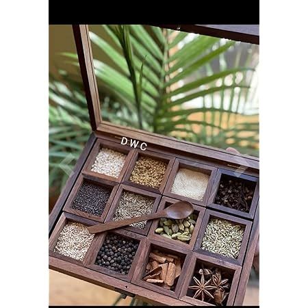 Delux wood carver "Twelve Blends" Spice Box with 12 Containers & Spoon ...