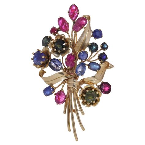 18k Gold Ornate Carved Multi-Gem Flower Bouquet Brooch For Sale at 1stDibs
