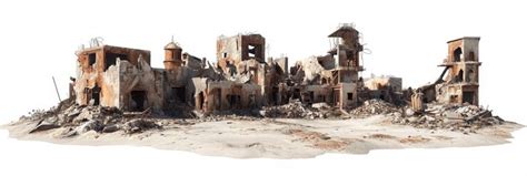 A desolate landscape with crumbling buildings broken windows and debris ...