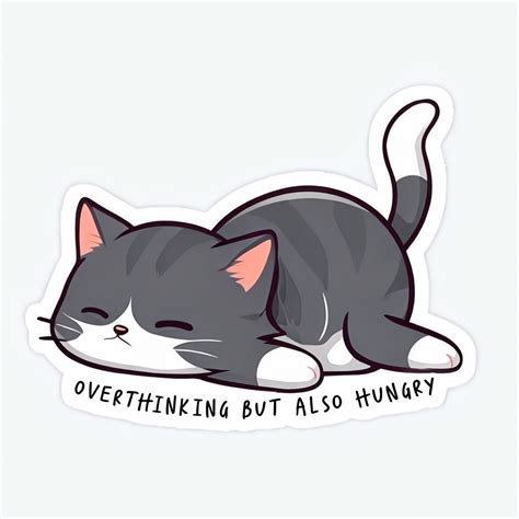 Adorable Grumpy Cat with 'Overthinking But Also Hungry' Sticker - Playground