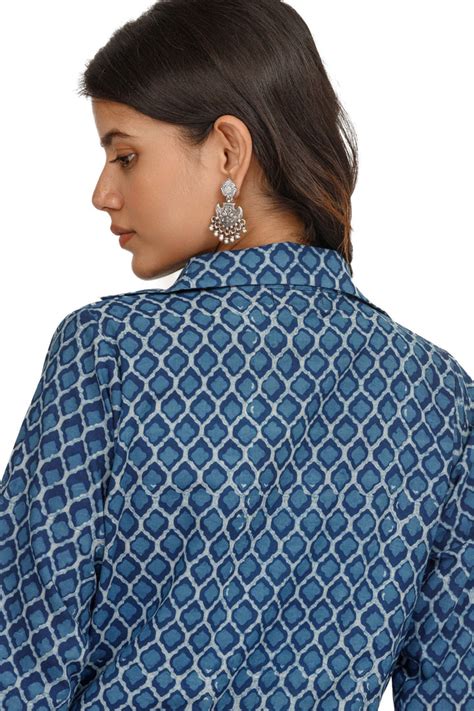 Indigo Hand Block Print Long Coat/ Jacket With Slip Dress - Tilohri