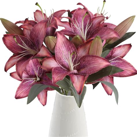 Amazon.com: Libeking Fake Flowers Pink Silk Lily Flowers 6PCS Realistic ...