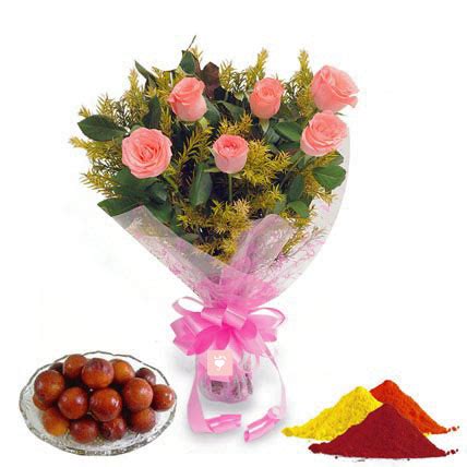 Buy Pink Roses, Gulab Jamun with Gulal Online at Best Price | Od