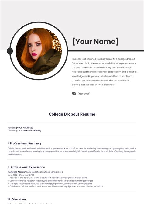Free College Dropout Resume Template to Edit Online