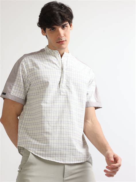 Buy Fawn Half Sleeves Chinese Collar Shoulder Panel Checked Shirt