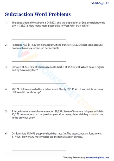 Subtraction Word Problems Worksheet 的图像结果