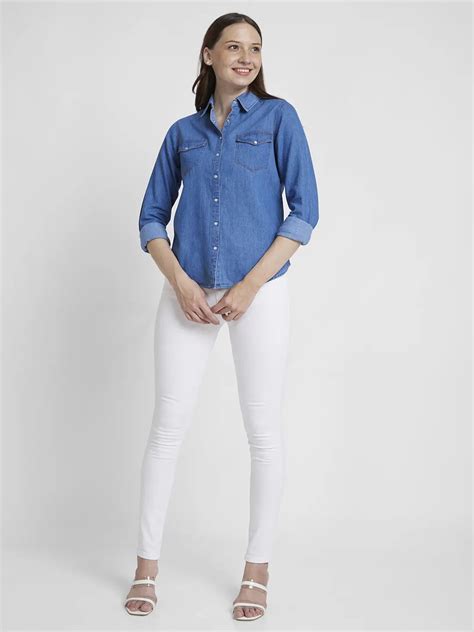 Women Light Blue Cotton Regular Fit Full Sleeve Plain Shirt