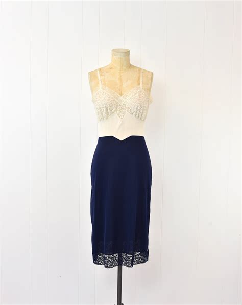 1960s Van Raalte Color Block Navy Blue Ivory Lace Nylon Slip Dress ...