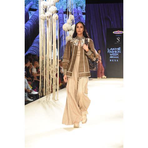 Brown khadi jacket with embroidered yoke and stripe jumpsuit with stit