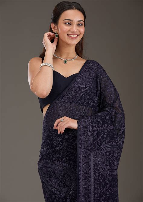 Buy Navy Blue Threadwork Georgette Saree - Koskii