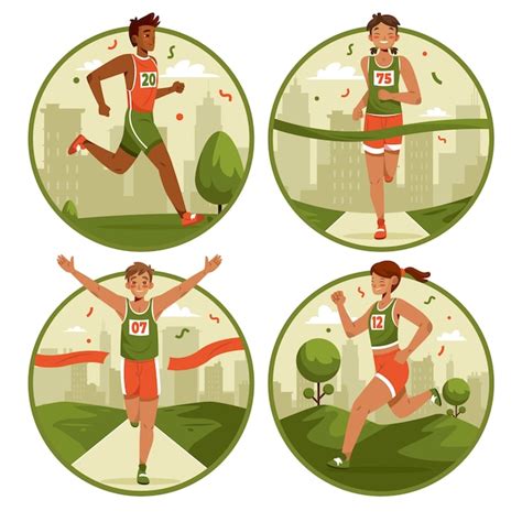 Hand drawn cartoon city marathon mini composition set | Premium Vector