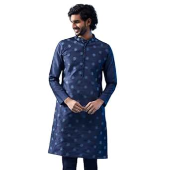Buy KISAH Men's Kurta, Blue Art Silk, Embroidered Regular Fit Mandarin ...