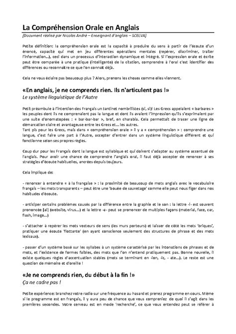 La comprehension orale en anglais - La Compréhension Orale en Anglais ...