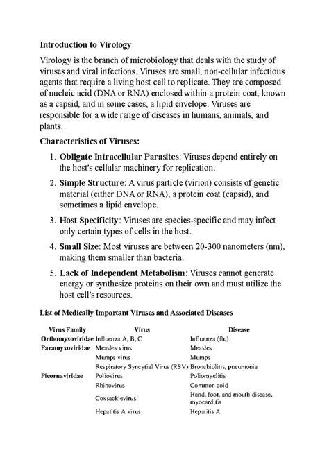 Virology 101: Key Concepts, Viruses, and Diseases Overview - Studocu