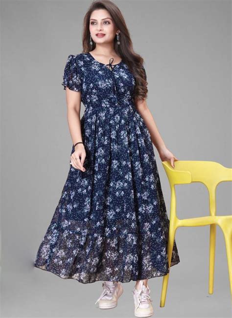 Sterling Blue Puff Sleeve Printed Georgette Maxi Dress