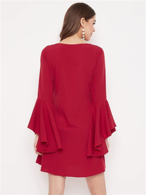 Berrylush Women Solid Red Flared Sleeves A-Line Mini Dress