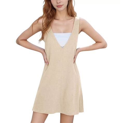 Women's Sleeveless V-Neck Mini Jumper Dress with Ribbed Knit Texture ...