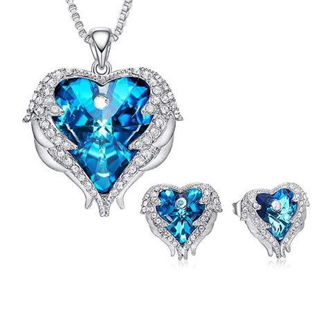 Yellow Chimes Swarovski Blue Crystal Ocean Heart Angel Wings Silver ...