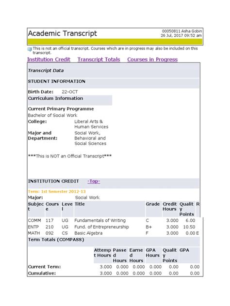 Image result for Transcript with Credit Hours