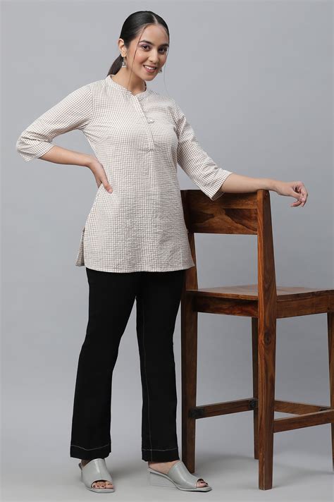 Buy Beige Textured Cotton Checker Kurta Online for Woman | Shop for Aurelia