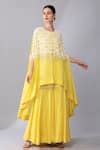 Buy Yellow Silk Organza, Linen Sequin Scallop Embellished Cape With ...