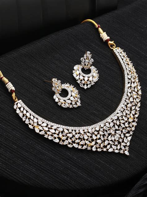 Elegant Leaf-Cut American Diamond Gold-Plated Jewellery Set – Priyaasi
