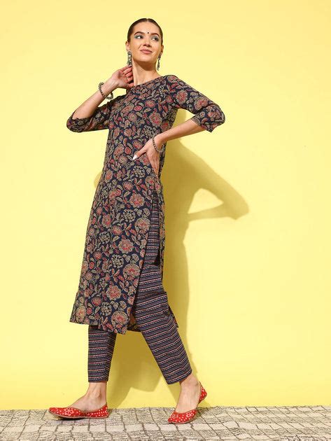 Women Blue Ethnic Printed Straight Kurta With Palazzo And Dupatta ...