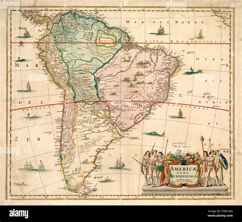 Antique illustrated map of South America ca.1644 by Dutch cartographer Jan Jansson (1588-1664 ...