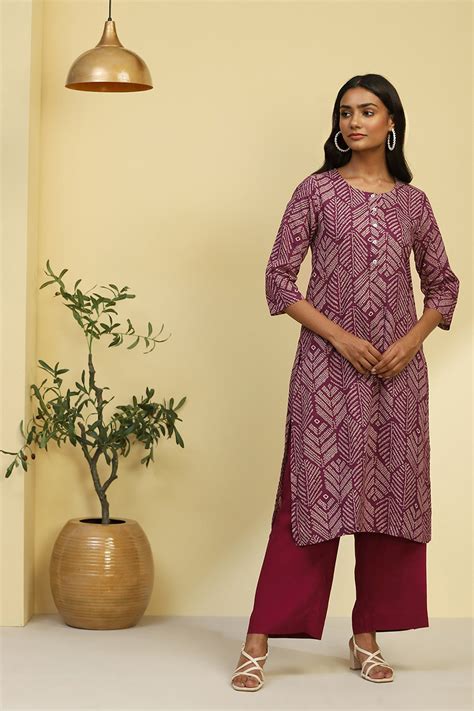 Buy Dark Pink Cotton Bandhani Printed Straight Kurta Online at Biba India