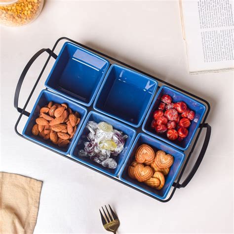 Cerulean Silver Ceramic Bowls Tray Set Of 7 200ml Online - Premium ...